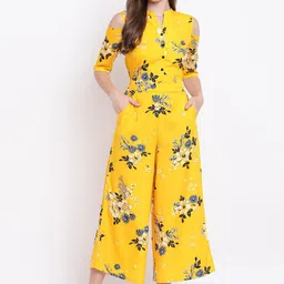 DressBerry Yellow Floral Printed Mandarin Collar Cold-Shoulder Basic Jumpsuit-picture-47