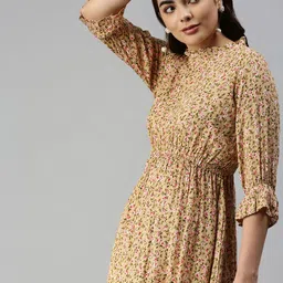 SHOWOFF Beige Floral Crepe Midi Dress-image-37