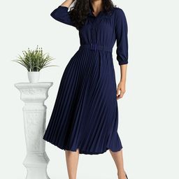 AASK Navy Blue Striped Crepe Accordion Pleats Fit & Flare Midi Dress With Belt-10