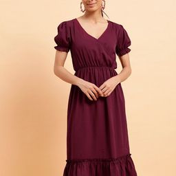 MINT STREET V-Neck Puff Sleeves Fit & Flare Midi Dress-image-89