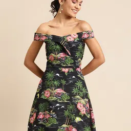 DODO & MOA Black & Green Floral Off-Shoulder Crepe Dress-image-93