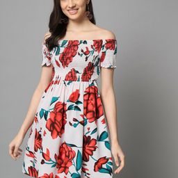 emeros White & Red Floral Printed Off-Shoulder Fit & Flare Dress-picture-42