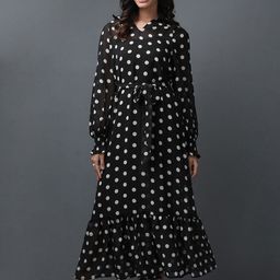 Freehand by The Indian Garage Co Polka Dots Printed Cuffed Sleeves A-Line Maxi Dress With Belt-image-52