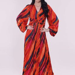 POPPI Women Sepia Printed V-neck Puff Sleeve Cotton Maxi Dress-image-21