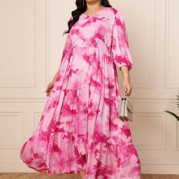 DEEBACO Plus Size Tie and Dye Print Puff Sleeve Maxi Dress-picture-25