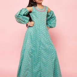 Aks Kids Girls Ethnic Motifs Printed Puff Sleeve Mirror Work Silk Maxi Dress-image-69