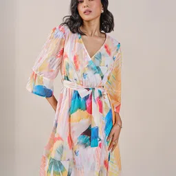 AND Women Floral Print Puff Sleeve Midi Wrap Dress-image-71