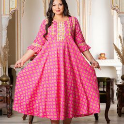 YASH GALLERY Floral Printed Gotta Patti A-Line Calf Ethnic Dress-image-54