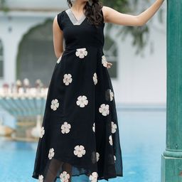 ASPORA Floral Embellished V-Neck Georgette Fit & Flare Maxi Ethnic Dress-picture-8