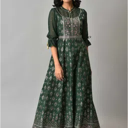 AURELIA Green & Pink Ethnic Motifs Pure Cotton Maxi Ethnic Dress-picture-56
