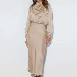 StyleCast Beige High Neck Puffed Sleeves Blouson Maxi Dress-image-16