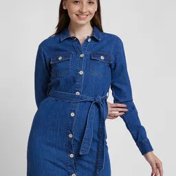 SPYKAR Shirt Collar Tie Ups Cotton Denim Shirt Dress-picture-28