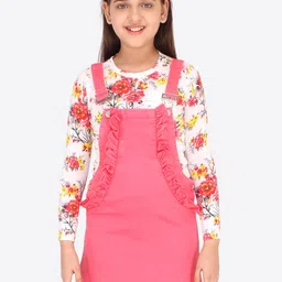 CUTECUMBER Coral & White Denim Pinafore Dress With T-shirt-image-0