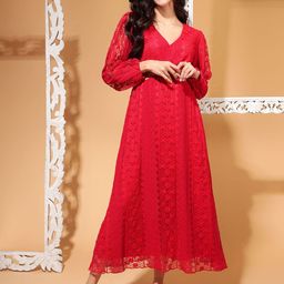 DRAPE AND DAZZLE V-Neck Long Puff Sleeves Net A-Line Maxi Dress-image-70