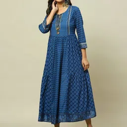 Rangriti Tie Up Neck Ethnic Motifs Print A-Line Maxi Dress-image-17