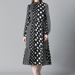 Oxolloxo Polka Dots Printed High Neck Puff Sleeve Monochrome Georgette Fit & Flare Dress-image-93