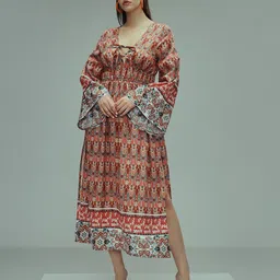 TANDUL Ethnic Motifs Printed Tie-Up Neck Bell Sleeves Georgette A-Line Midi Dress-image-48
