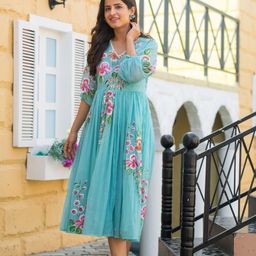 Ambraee Floral Printed V-Neck Puff Sleeves Gathered Cotton A-Line Midi Dress-picture-7