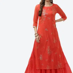 Biba Red Floral Printed Layered Ethnic A-Line Maxi Dress-picture-23