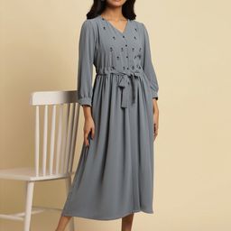 W Long Sleeves V-Neck Georgette A-Line Midi Dress-image-60