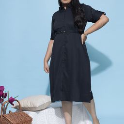 9shines Label Plus Size Roll-Up Sleeves Shirt Midi Belted Dress-30