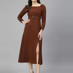 aayu Square Neck Puff Sleeves Crepe A-Line Midi Dress-image-40