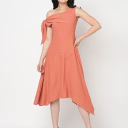 MISH Rust Off-Shoulder Crepe A-Line Midi Dress-picture-10