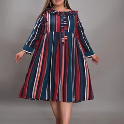 KALINI Plus Size Striped Boat Neck Crepe A-Line Midi Dress-16