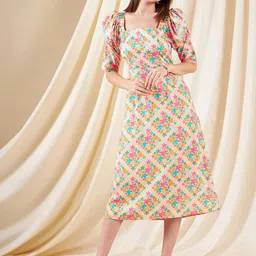 Kibo Women Floral Print Flutter Sleeve Crepe A-Line Midi Dress-image-61