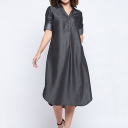 BAESD Shirt Collar Cotton Denim A-Line Midi Dress-image-15