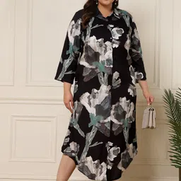 DEEBACO Plus Size Shirt Collar Floral Print A-Line Midi Dress-59