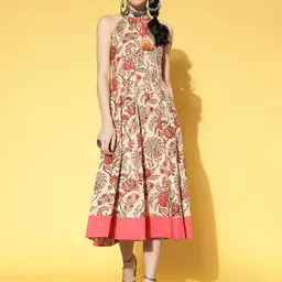 KALINI Floral Print Pure Cotton Halter Neck Fit & Flare Midi Dress-image-33