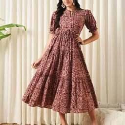 KALINI Floral Printed Mandarin Collar Puff Sleeves Cotton Fit and Flare Dress-image-91