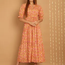 KALINI Floral Printed Mandarin Collar Gathered Tiered Fit & Flare Midi Dress-image-40