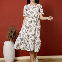 antaran Floral Printed V-Neck Gathered Detailed Cotton A-Line Midi Dress-image-10