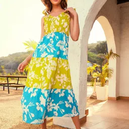 Athena Lime Green Floral Printed Smocked Tiered A-Line Midi Dress-image-57