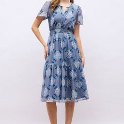 Styli Women V-Neck Floral Print Puff Sleeves Tiered Midi Dress-image-70