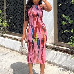 StyleCast Pink Abstract Printed Bodycon Midi Dress-image-60