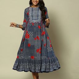 Rangriti Ethnic Motifs Printed Gathered Detailed Fit & Flare Midi Ethnic Dress-image-99