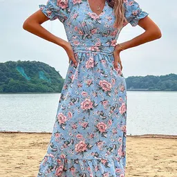StyleCast Blue Floral Print Puff Sleeve Fit & Flare Midi Dress-picture-11
