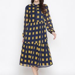 Oxolloxo Women Navy Blue & Yellow Printed Satin A-Line Midi Dress-picture-49