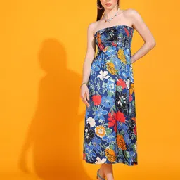 DODO & MOA Blue Floral Printed Strapless Smocked Satin A-Line Dress-picture-7