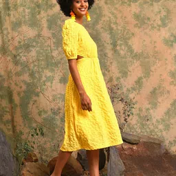 Campus Sutra Self Design Puff Sleeves Cut-Outs A-Line Midi Dress-image-43
