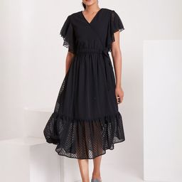 FLOWERVELLY Self Designed Flutter Sleeve Georgette Wrap Midi Dress-picture-0