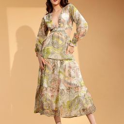 NUEVOSDAMAS Floral Printed Puff Sleeve Georgette A-Line Midi Dress-image-93
