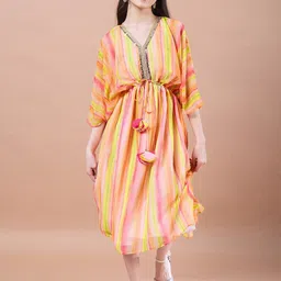 pspeaches Girls Striped Georgette V-Neck Kimono Sleeves A-Line Midi Dress-image-33