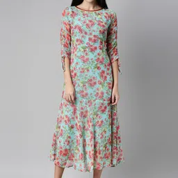 Souchii Women Turquoise Blue Floral Printed Chiffon A-Line Midi Dress-image-95