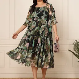 DEEBACO Floral Printed Square Neck Flared A-Line Midi Dress-picture-14