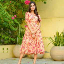 Ambraee Floral Print Chiffon Midi Fit and Flare Dress-image-92