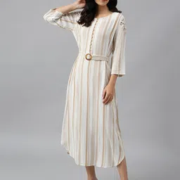 W White & Beige Striped A-Line Midi Dress-0
